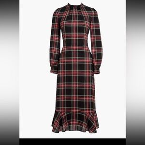 NWOT J. Crew Black and Red Plaid Long-Sleeve Midi Dress